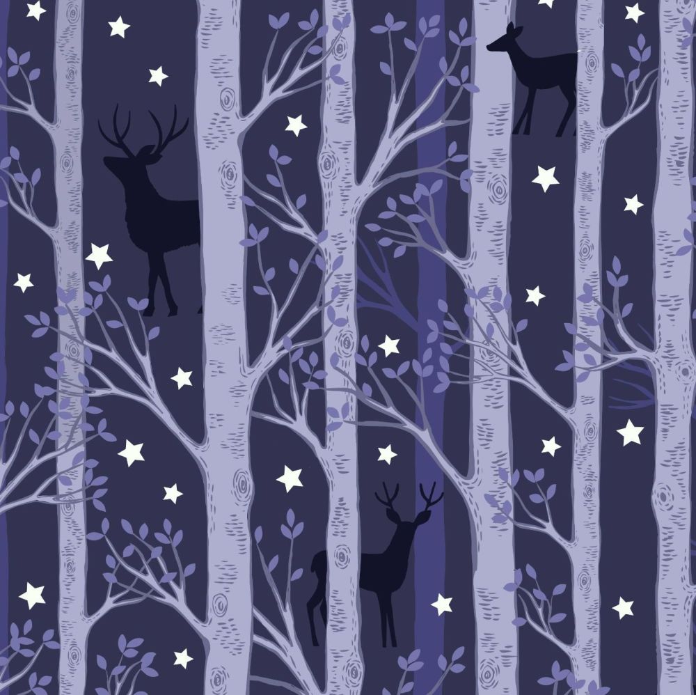 Nighttime in Bluebell Wood Forest Deer on Midnight Blue Trees Glow in the D