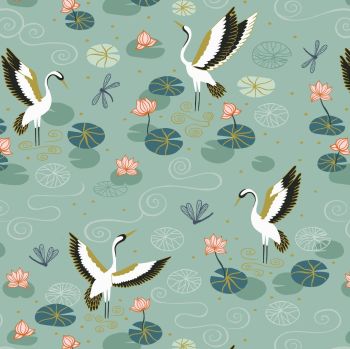 Jardin de Lis Duck Egg Heron Lake with Gold Metallic Lewis and Irene Blossoming Lilies Cotton Fabric A484.2