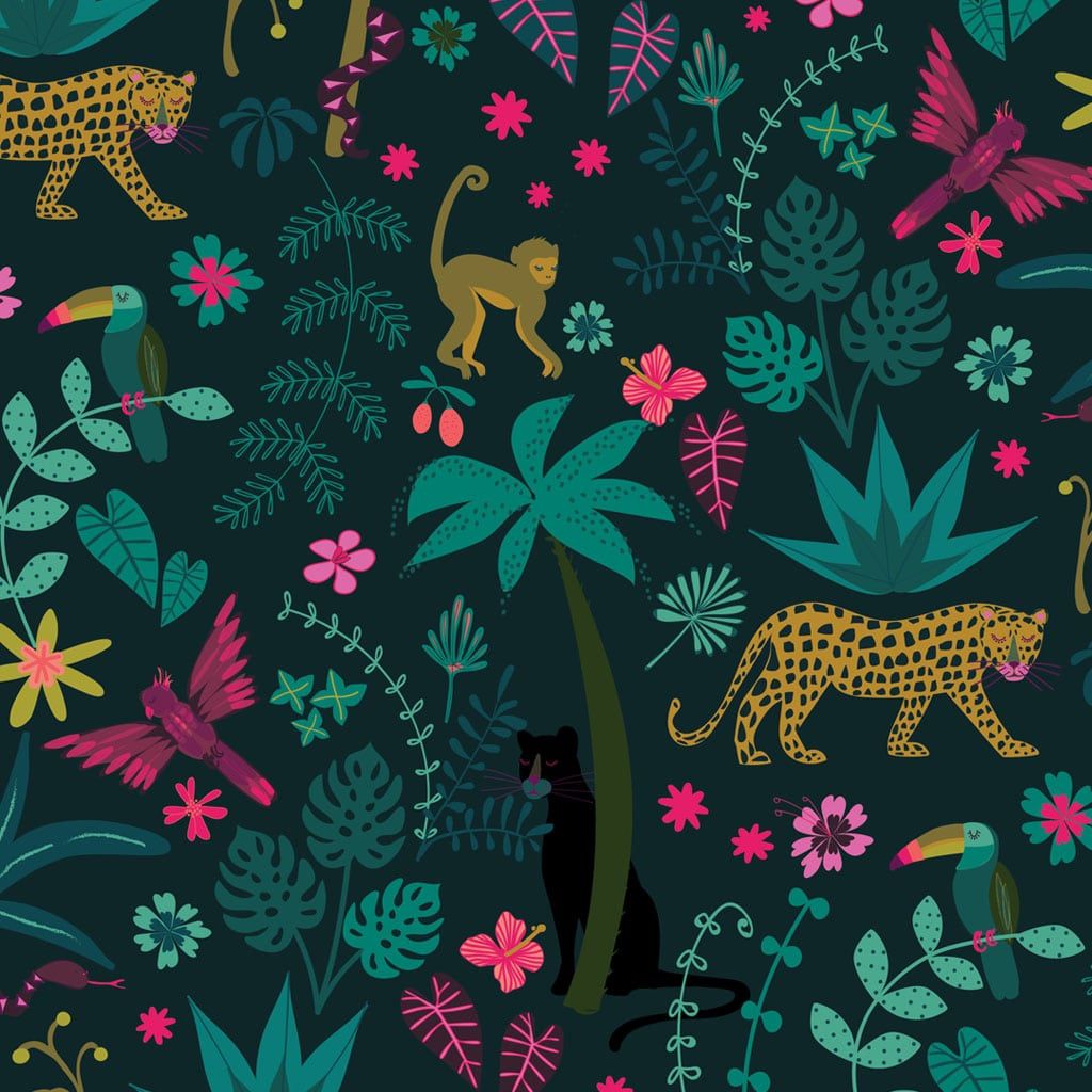 Night Jungle by Elena Essex Scenic Botanical Leopard Monkey Cotton Fabric