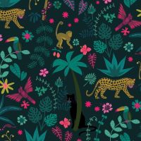 Night Jungle by Elena Essex Scenic Botanical Leopard Monkey Dashwood Cotton Fabric