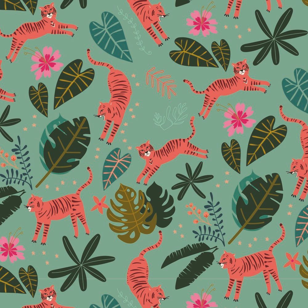Night Jungle by Elena Essex Tigers Jungle Leaves Cotton Fabric