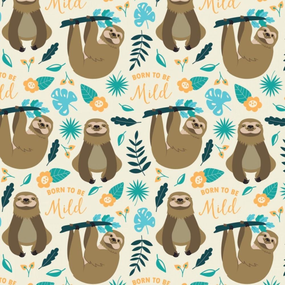 Very Punny Born To Be Mild Sloth Leaves Cotton Fabric