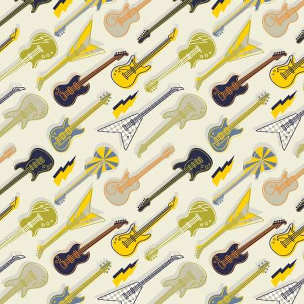Rock On by Elizabeth Silvers Amped Up Guitars Cream Cotton Fabric 