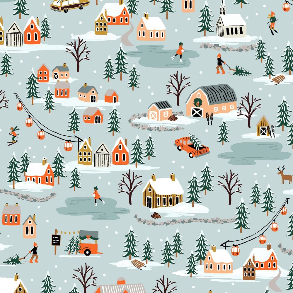 Rifle Paper Co. Holiday Classics Holiday Village Mint Cotton Fabric