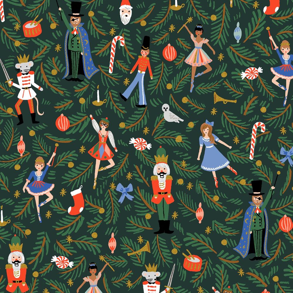 Rifle Paper Co. Holiday Classics Nutcracker Evergreen Metallic Gold Cotton