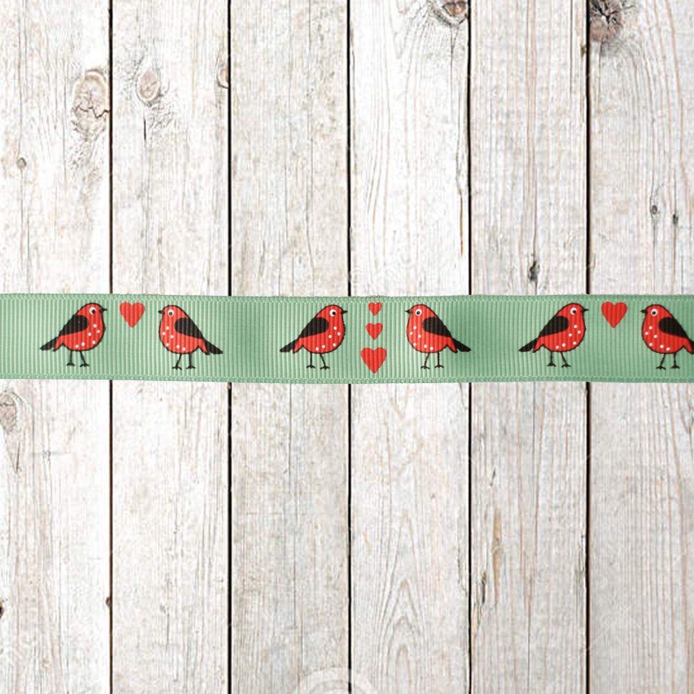 Reel Chic Festive Robin Print Grosgrain Ribbon 19mm Per Metre or Per Pack