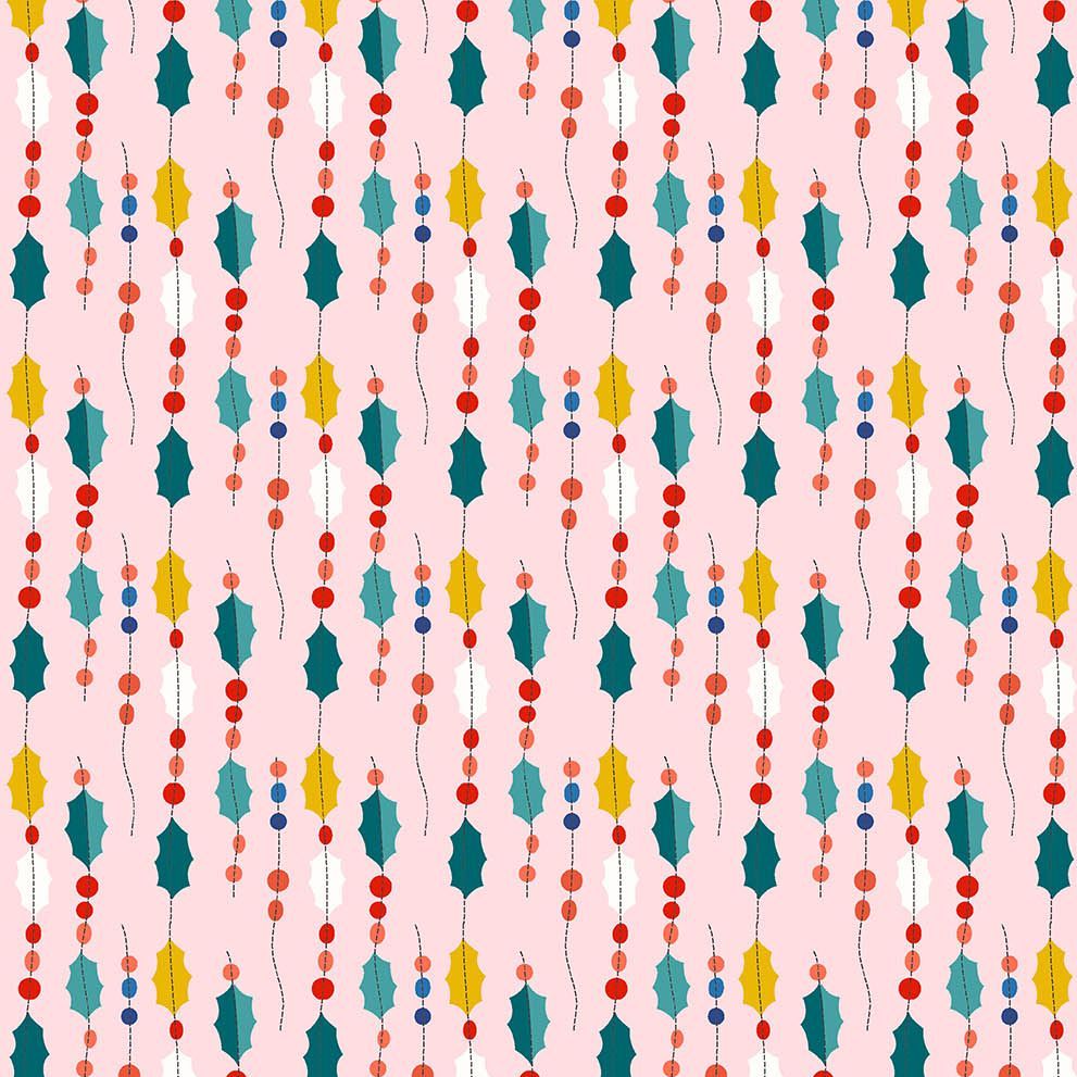 Figo Peppermint Holly Garland on Pink Festive Christmas Holiday Cotton Fabr