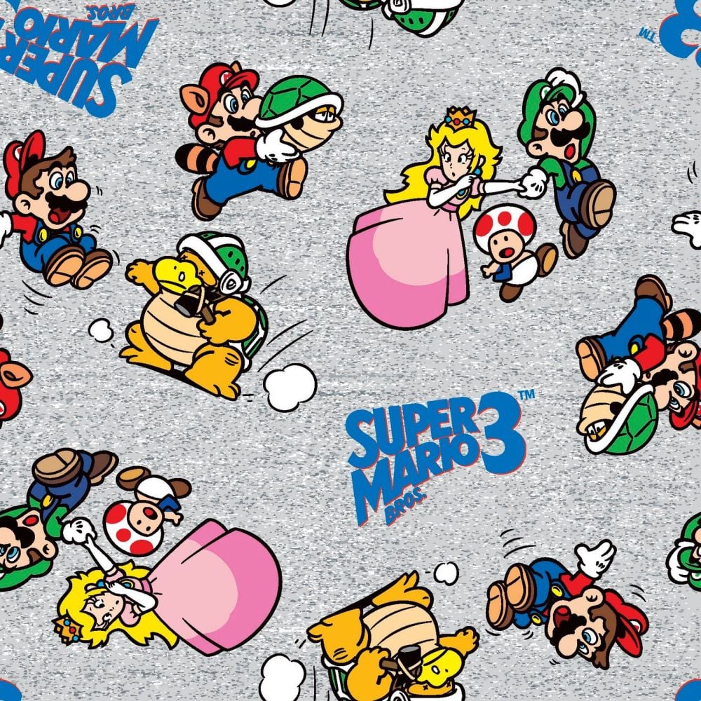 Nintendo Super Mario 3 Toss Characters Grey Luigi Princess Peach Toad Koopa  Troopa Game Gamers Video Game Cotton Fabric per half metre