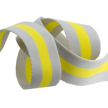 Tula Pink Webbing - 1.5" Soft Grey and Neon Yellow by Renaissance Ribbons sold per yard