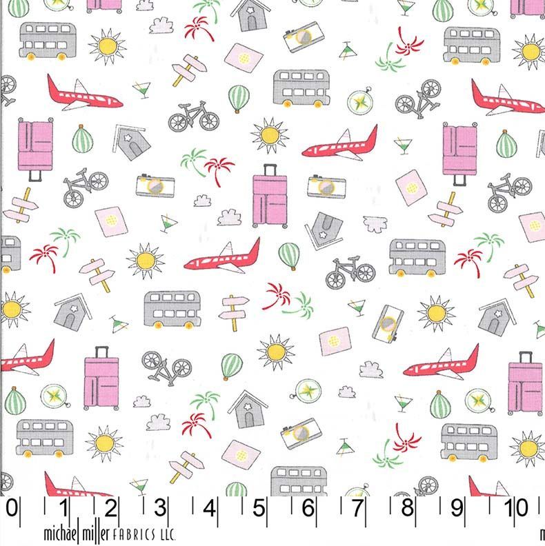 Travel Daze Let's Go Places Pink Icons Planes Holiday Adventure Vacation Cotton Fabric