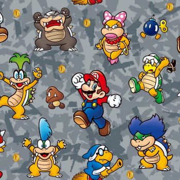 Nintendo Super Mario Maker Characters Bad Guys Grey Camo Goomba Boo Koopa Troopa Magikoopa Koopalings Video Game Gamers Cotton Fabric per half metre