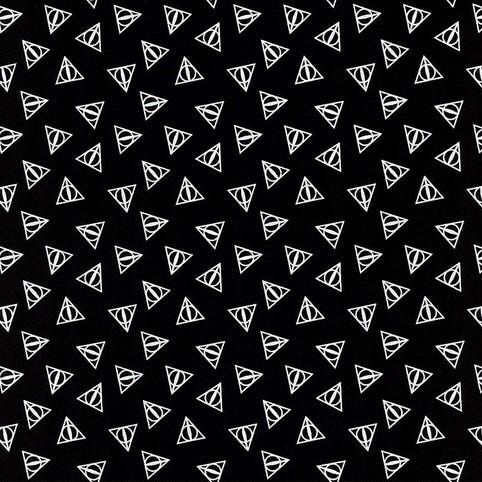 Harry Potter Deathly Hallows Logo Metallic Silver Hogwarts Magical Wizard Witch Cotton Fabric Wizarding World Collection per half metre