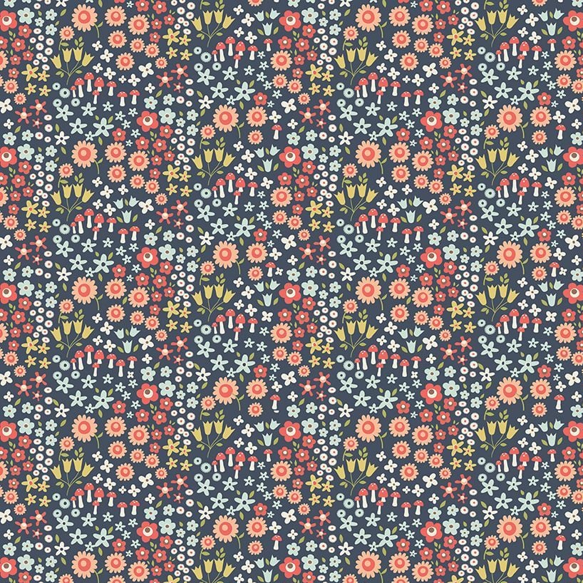 Woodland Spring Wild Flowers Navy Ditsy Floral Toadstool Flowers Cotton Fab