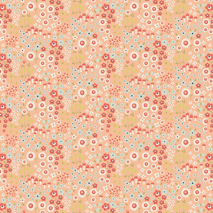 Woodland Spring Wild Flowers Peach Ditsy Floral Toadstool Flowers Cotton Fabric