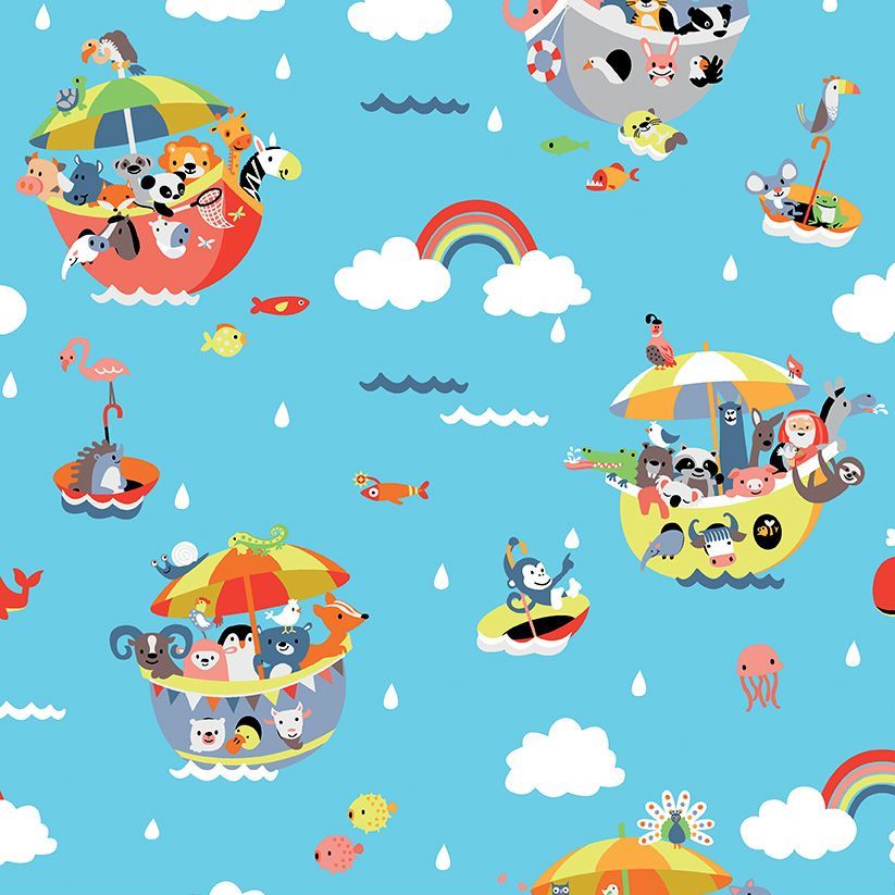 Noah's Ark Main Blue Animals Boat Rainbows Umbrellas Cotton Fabric