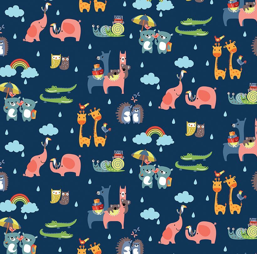 Noah's Ark Two-By-Two Navy Rainbows Clouds Rain Cotton Fabric