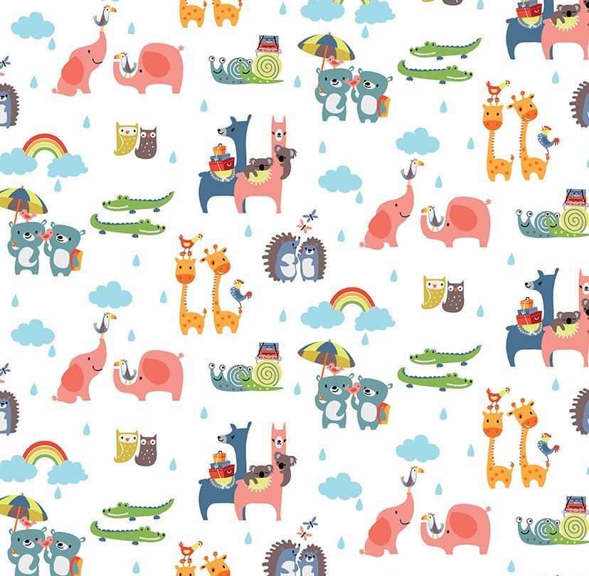 Noah's Ark Two-By-Two White Rainbows Clouds Rain Cotton Fabric
