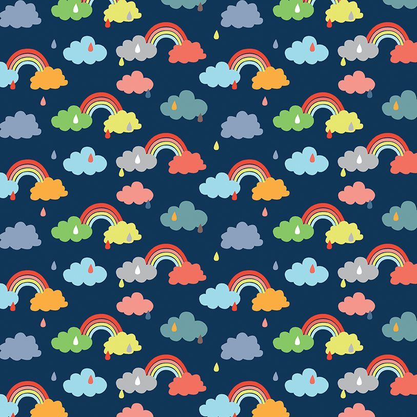 Noah's Ark Promise Navy Rainbows Raindrops Clouds Cotton Fabric