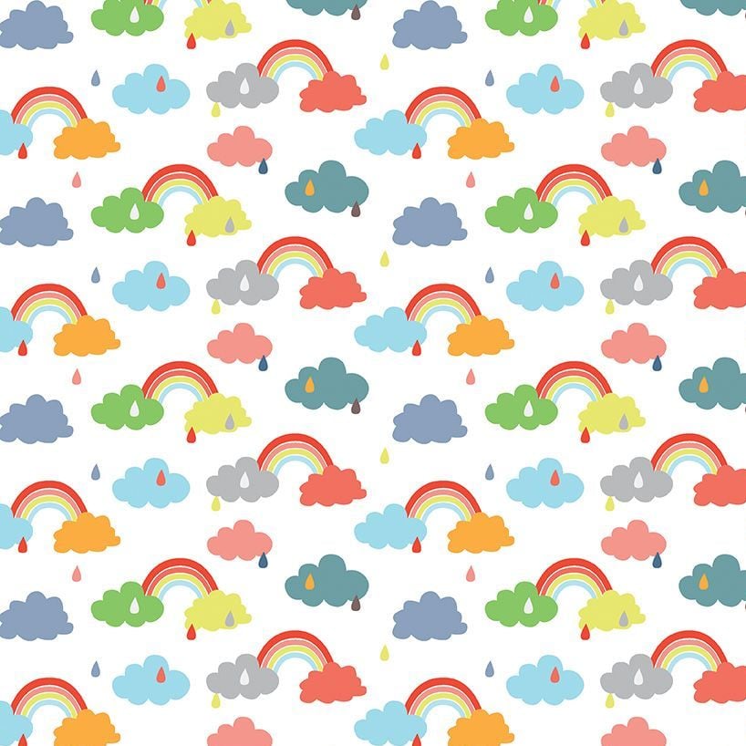 Noah's Ark Promise White Rainbows Raindrops Clouds Cotton Fabric