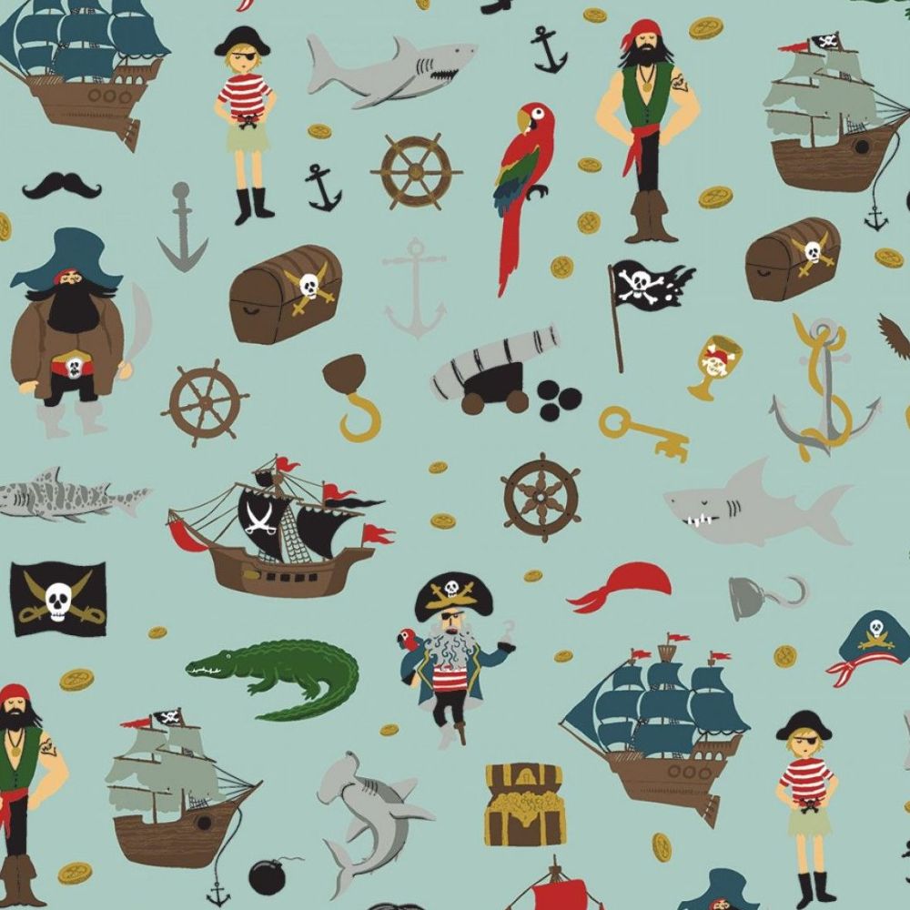 Pirate Tales Scatter Blue Pirates Ship Treasure Sharks Cotton Fabric