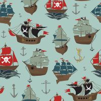 Pirate Tales Ships Blue Tall Ships Sails Anchors Cotton Fabric