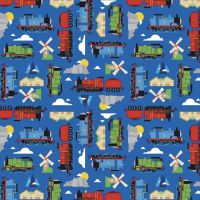 All Aboard with Thomas & Friends DELUXE Blue Train Tank Engines Mountains Windmills Cotton Fabric per half metre