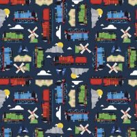 All Aboard with Thomas & Friends DELUXE Navy Train Tank Engines Mountains Windmills Cotton Fabric per half metre