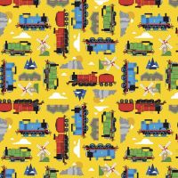 All Aboard with Thomas & Friends DELUXE Yellow Train Tank Engines Mountains Windmills Cotton Fabric per half metre