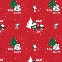 Peanuts Snoopy's Warm and Cosy Christmas Charlie Brown Woodstock Christmas Tree Scarf Bobble Hat Cotton Fabric per half metre
