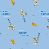 Charlie and the Chocolate Factory Golden Ticket Blue Charlie Bucket 'You've Got A Golden Ticket' Cotton Fabric per half metre
