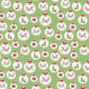 Christmas Adventure Ornaments Green Smoothie Sparkle Gold Bicycle Floral Bows Cotton Fabric