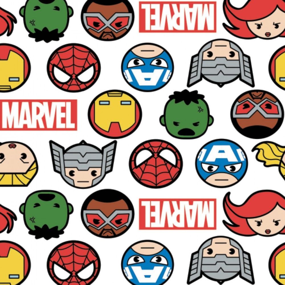 Marvel Kawaii 2 Avengers Hero Faces & Logo White Superheroes Character Cotton Fabric per half metre