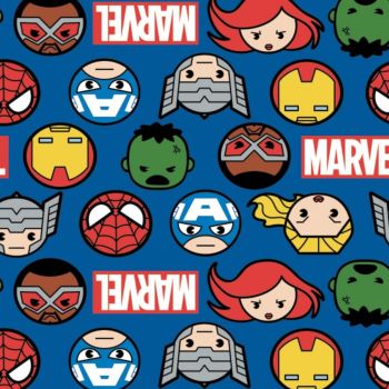 Marvel Kawaii 2 Avengers Hero Faces & Logo Blue Superheroes Character Cotton Fabric per half metre