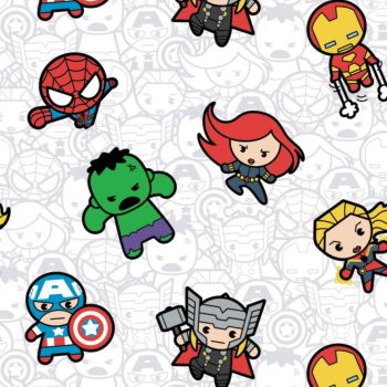 Marvel Kawaii 2 Action Packed Heroes White Avengers Superheroes Character Cotton Fabric per half metre