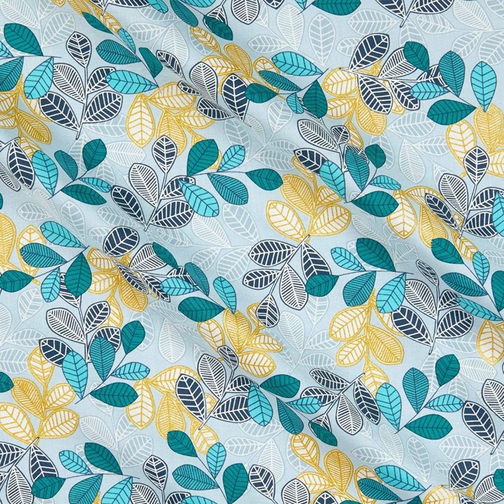 Living In The Wild Leafing Together Ice Blue Geometric Leaf Cotton Fabric