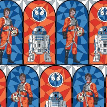 Star Wars Stained Glass Rebellion Multi Luke Skywalker R2-D2 Droid Rebel Alliance Camelot Cotton Fabric per half metre