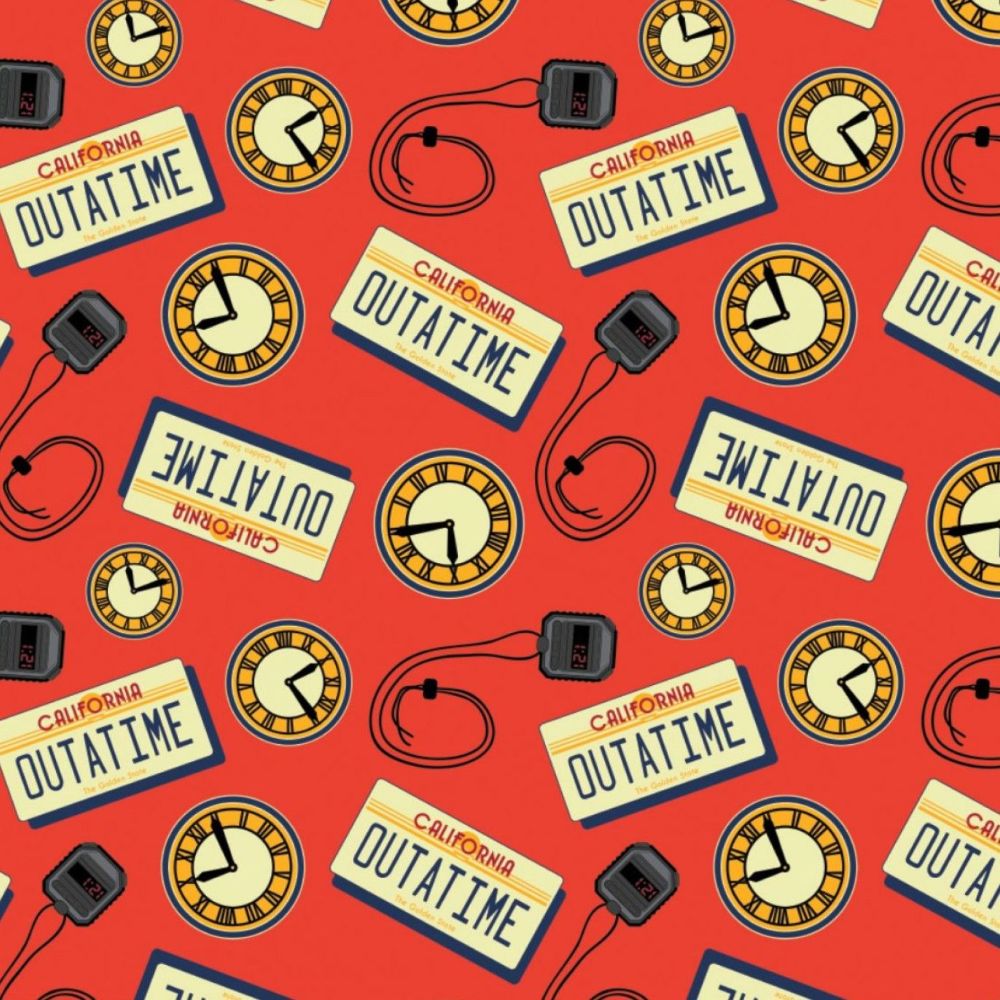Back to the Future Outatime Red Stop Watch Clock Number Plate Camelot Cotton Fabric per half metre