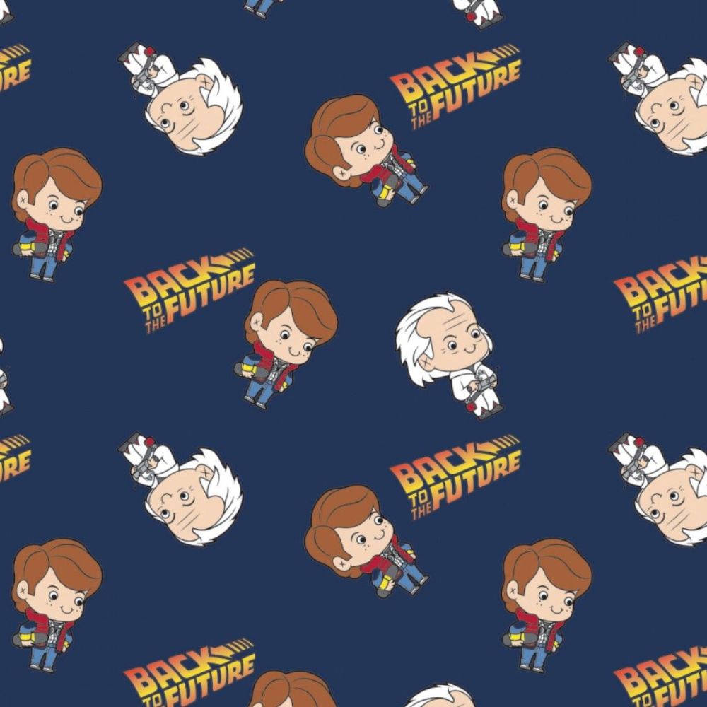Back to the Future Marty and Doc Navy Kawaii Toss Camelot Cotton Fabric per
