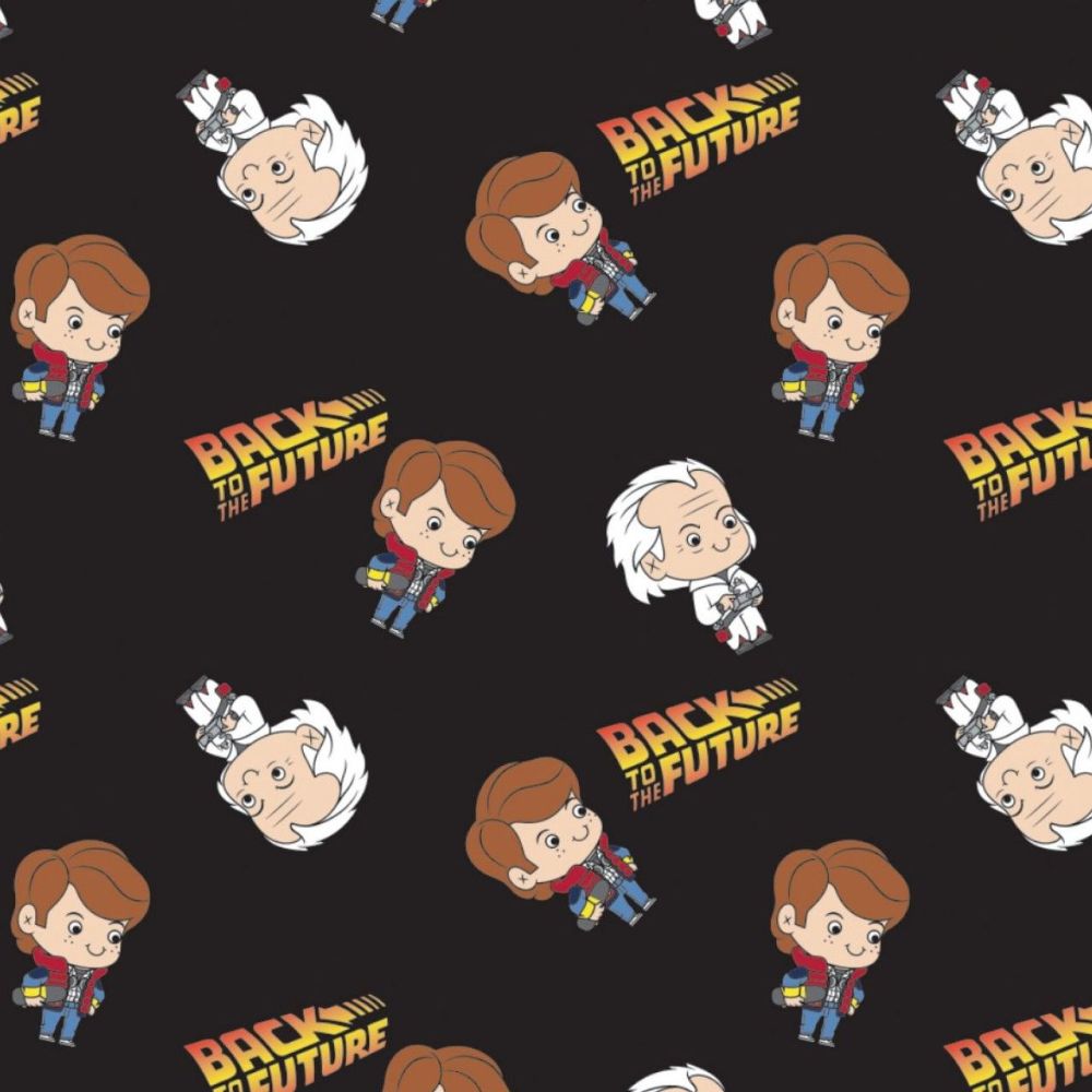 Back to the Future Marty and Doc Black Kawaii Toss Camelot Cotton Fabric pe