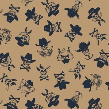 Wanted The Good The Bad and The Ugly Skull and Crossbones Bottles Horseshoes Dear Stella Cotton Fabric