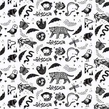 ABC Menagerie Creatures in White Jungle Monkeys Sloths Leopards Elephants Dear Stella Cotton Fabric