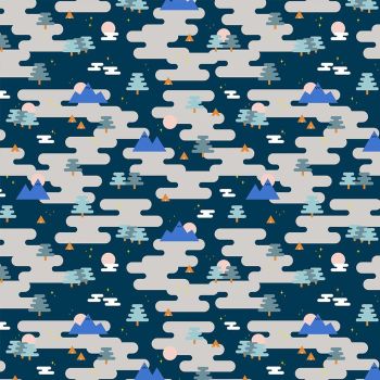 Figo Around The Campfire Camping Ground Navy Mountains Hills Trees Stars Moons Cotton Fabric 90407-45