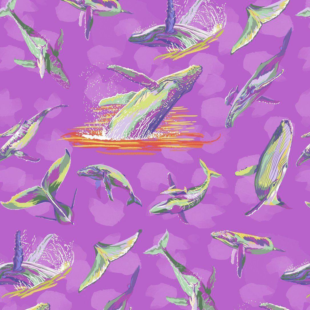Migration The Humpback's Ballet Magenta Whale Cotton Fabric