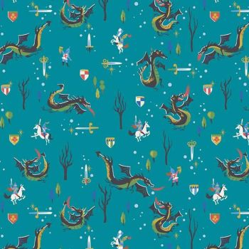 Little Brier Rose Dragons Teal Sparkle Sleeping Beauty Dragons Swords Knights Shields by Jill Howarth Cotton Fabric