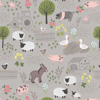 Piggy Tales Farmyard on Mid Grey Sheep Donkey Pig Duck Tractor Barn Lewis and Irene Cotton Fabric A531.2