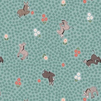 Piggy Tales Dinky Donkey on Dark Duck Egg Floral Daisies Farmyard Lewis and Irene Cotton Fabric A535.3
