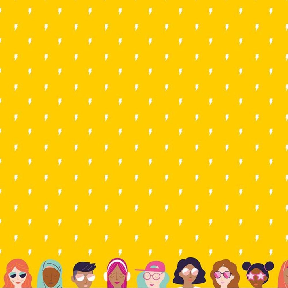 Grl Pwr Lightning Yellow Ladies Faces Double Border Print by Amber Kemp-Ger