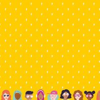 Grl Pwr Lightning Yellow Ladies Faces Double Border Print by Amber Kemp-Gerstel from Damask Love Girl Power Cotton Fabric per half metre