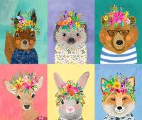 Forest Friends Mia Charro Floral Hedgehog Fox Rabbit Bear Squirrel Panel Flower Crown Faces Floral Cotton Fabric