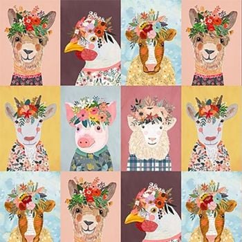 Farm Friends Friends Mia Charro Floral Sheep Llama Chicken Small Scale Flower Crown Faces Floral Cotton Fabric